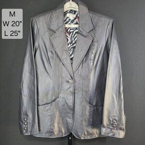 Denim & Co Leather Jacket Blazer Womens M Metallic Gunmetal Pintuck Zebra Lining